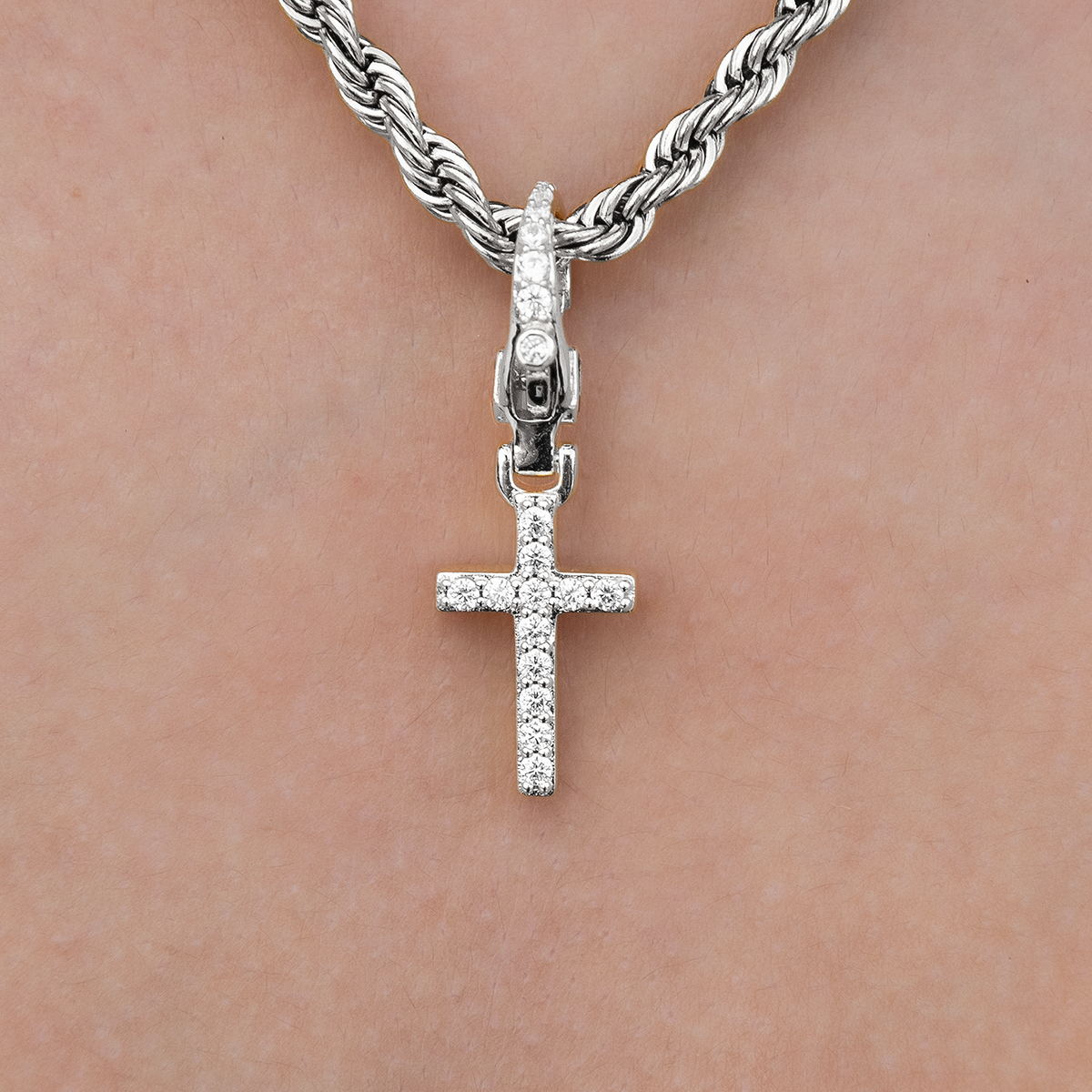 Iced Micro Cross Clip On Charm  Pendant in White Gold