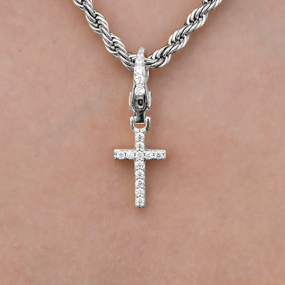Iced Micro Cross Clip On Charm  Pendant in White Gold