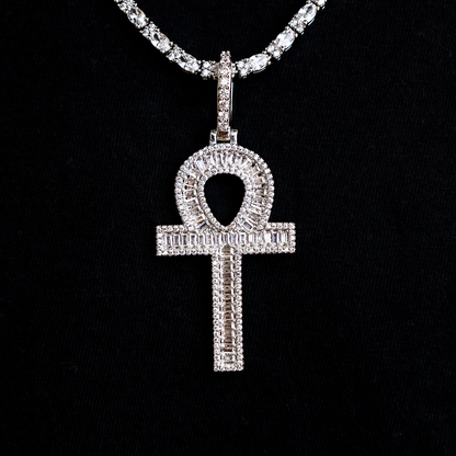 Diamond Baguette Ankh Cross Pendant in White Gold