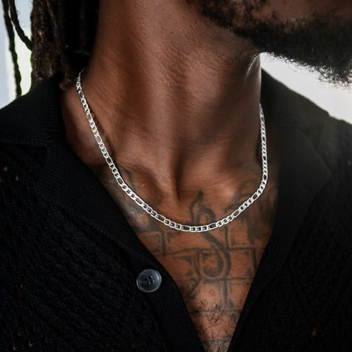 Figaro Chain + Bracelet Bundle in White Gold - 4mm