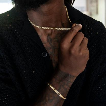 Figaro Chain + Bracelet Bundle in Yellow Gold - 4mm