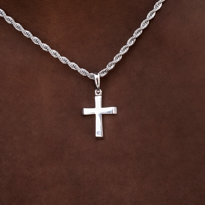 Micro Simple Cross Pendant + 2MM Rope Chain Bundle in White Gold