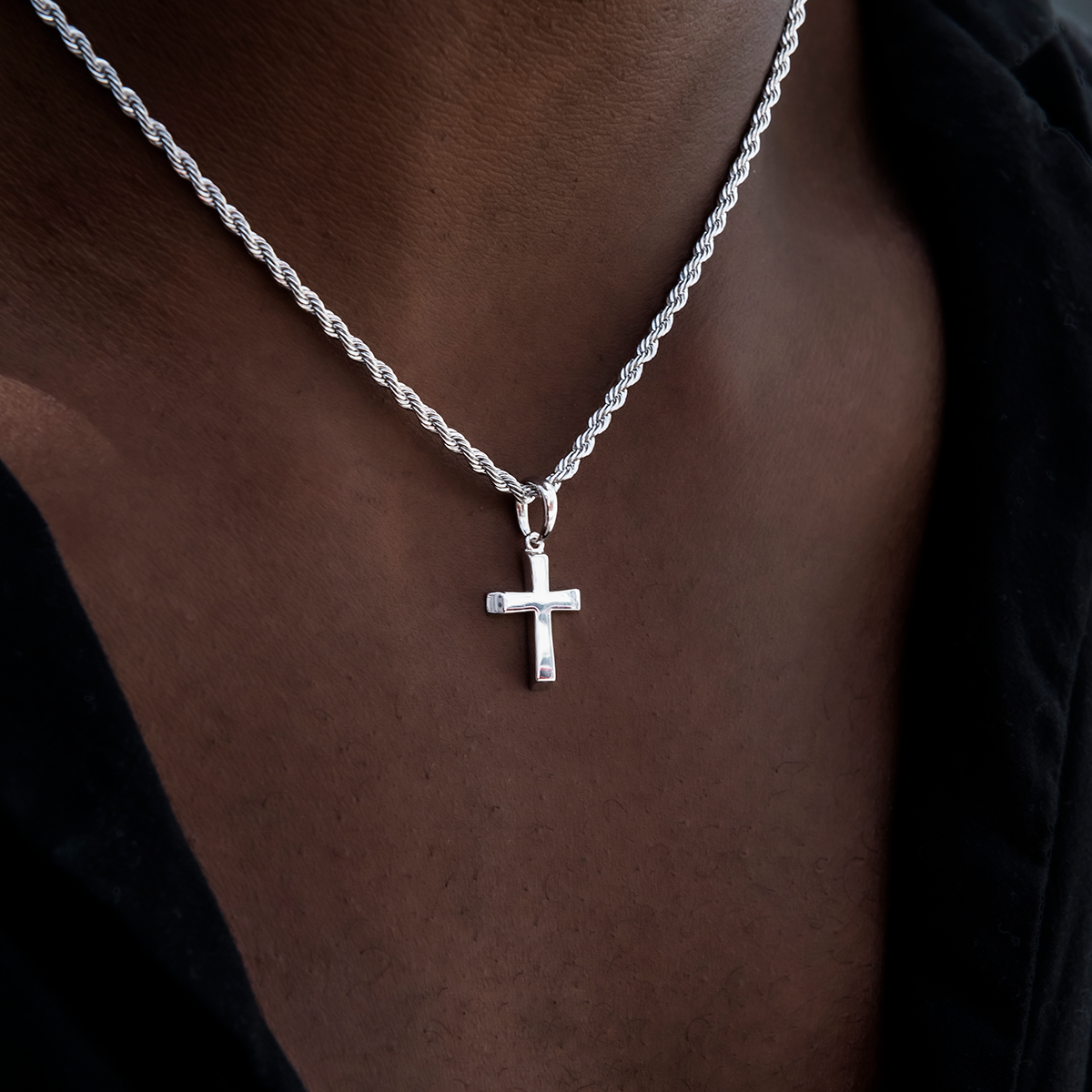 Micro Simple Cross Pendant + 2MM Rope Chain Bundle in White Gold