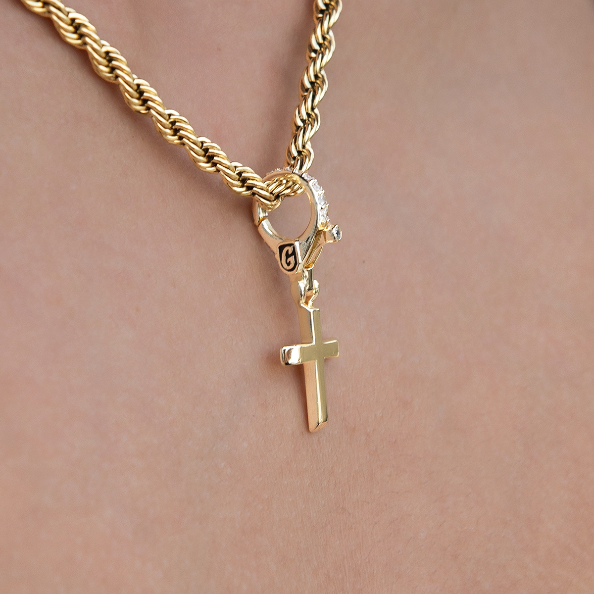 Simple Cross Clip On Charm  Pendant in Yellow Gold