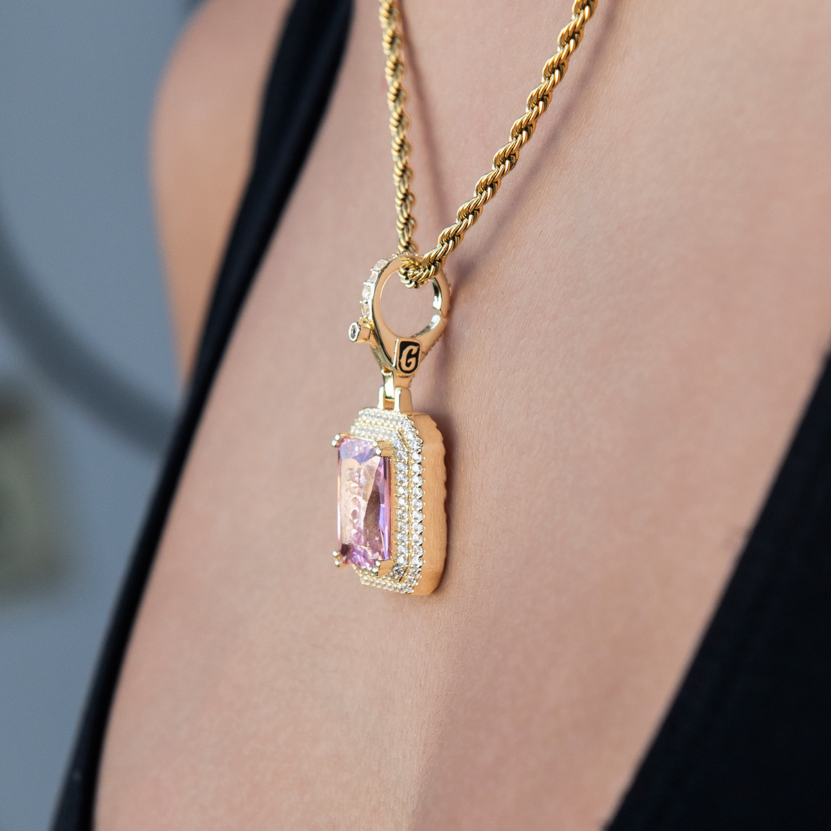 Pink Stone Clip On Charm Pendant in Yellow Gold