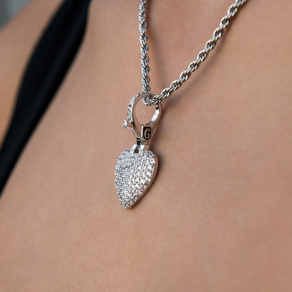 Pave Heart Clip On Charm Pendant in White Gold