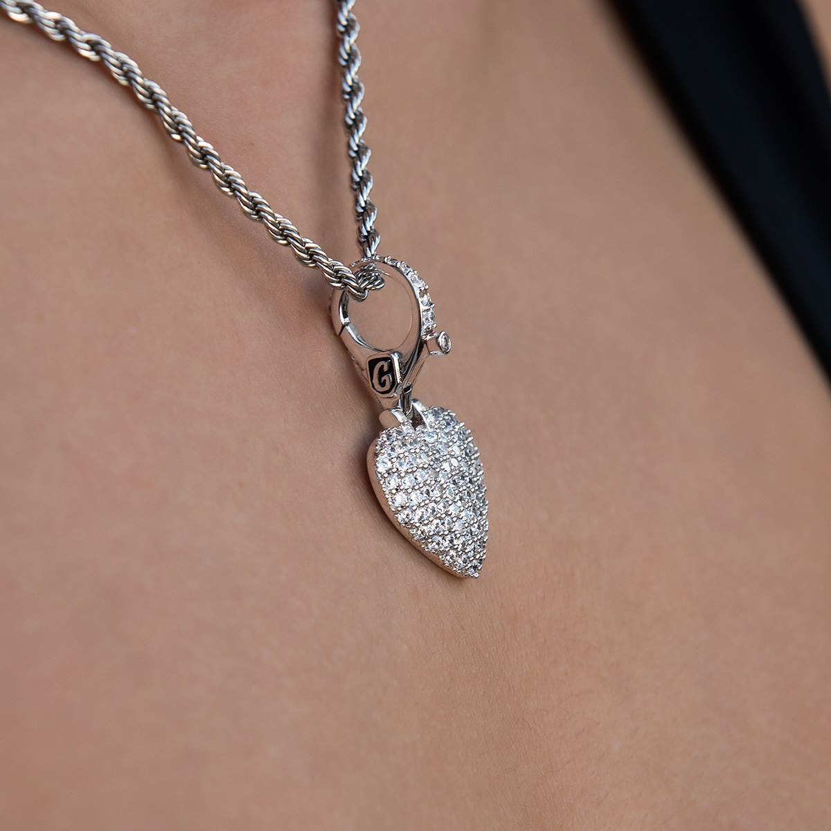 Pave Heart Clip On Charm Pendant in White Gold