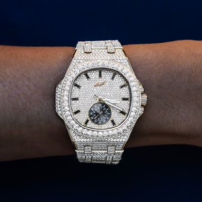 39MM Visionary Moissanite Fully Iced Case & Steel Band Watch - Yellow Gold