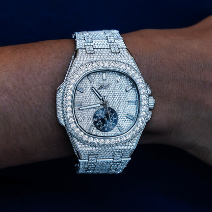 39MM Visionary Moissanite Fully Iced Case & Steel Band Watch - White Gold