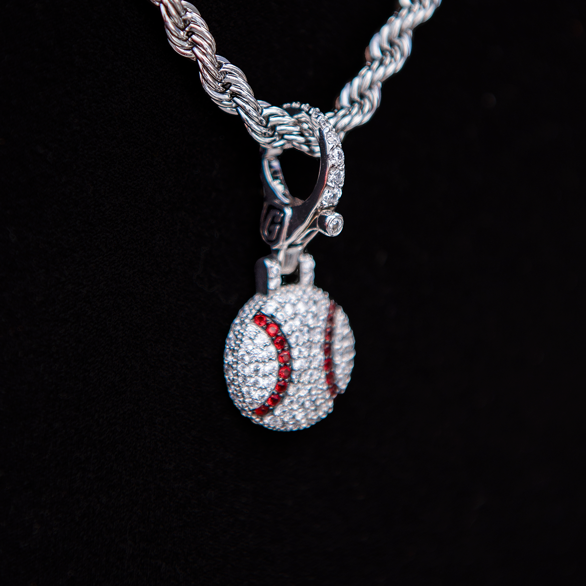 Iced Baseball Clip On Pendant in White Gold