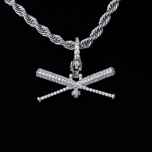 Iced Baseball Bat Clip On Pendant in White Gold
