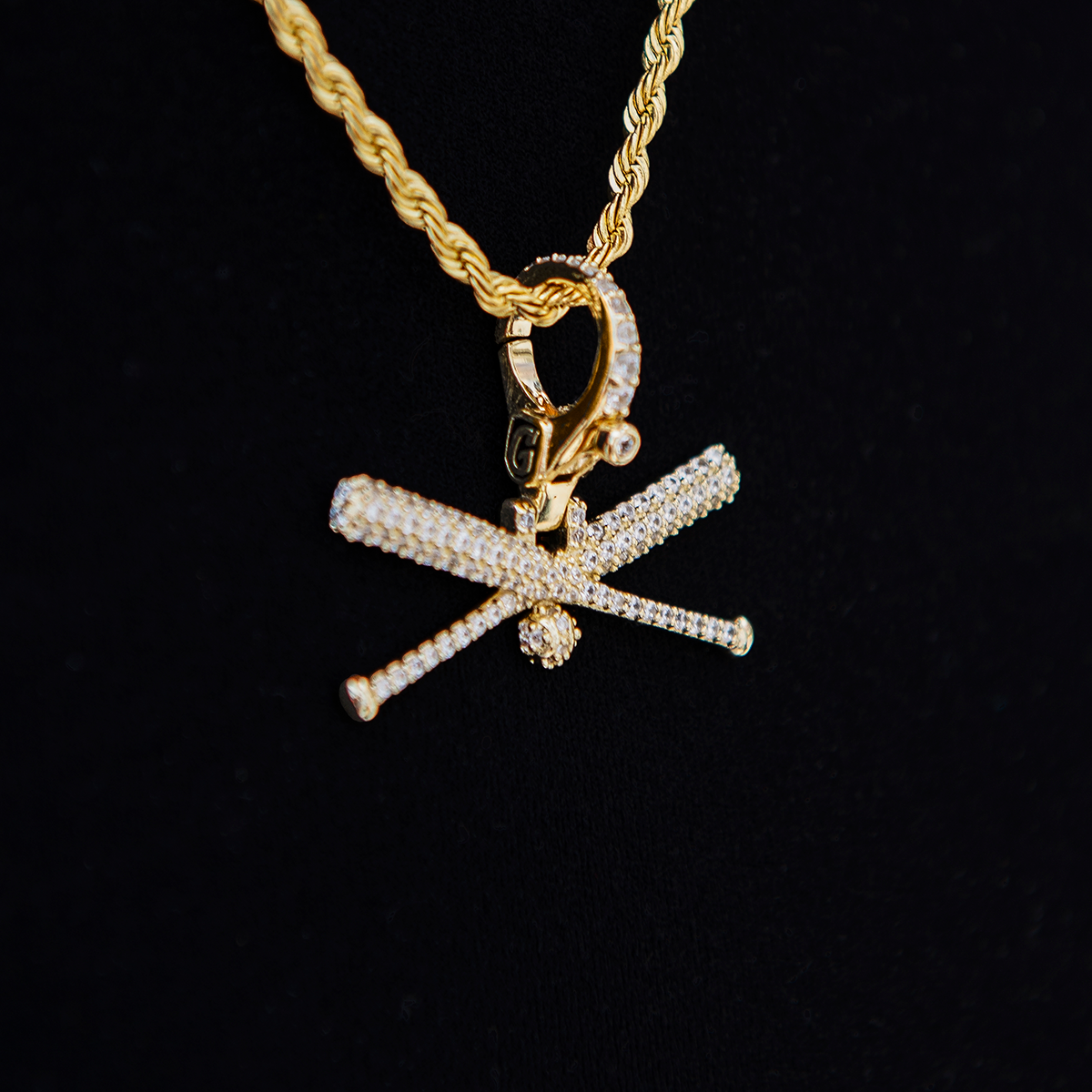 Iced Baseball Bat Clip On Pendant in Yellow Gold