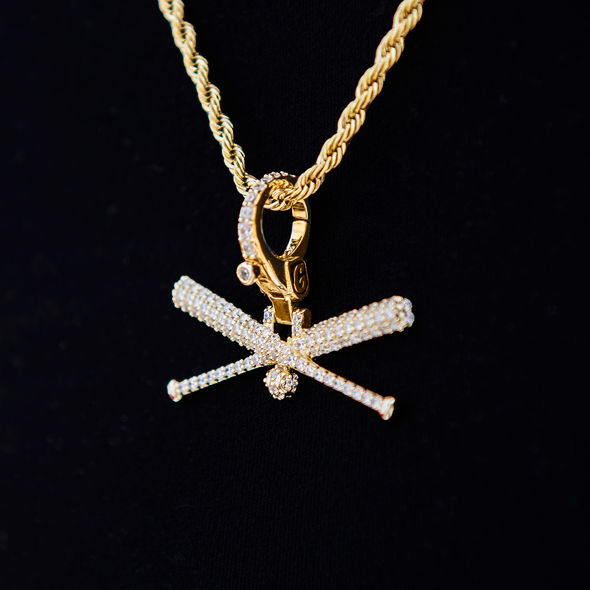 Iced Baseball Bat Clip On Pendant in Yellow Gold
