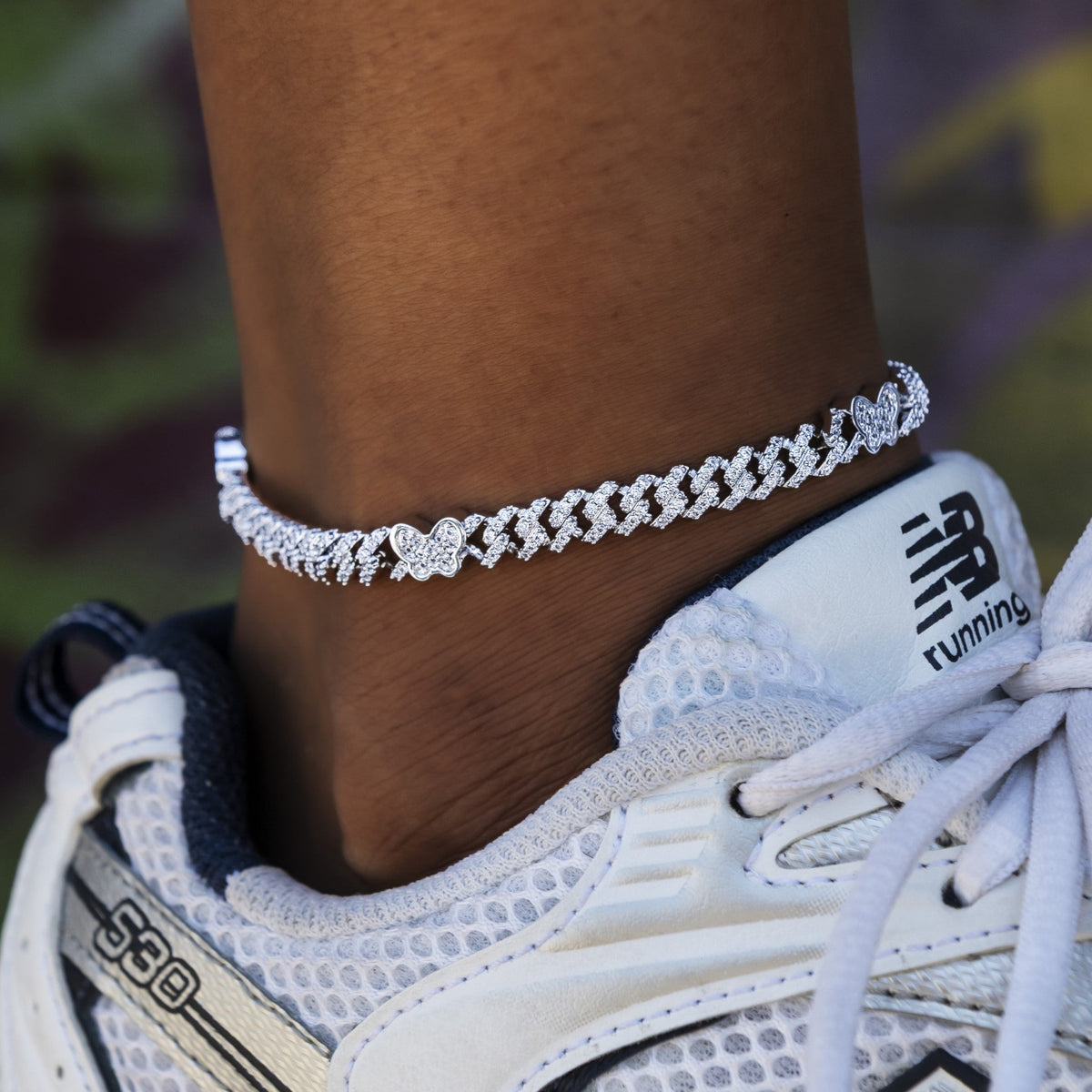 Butterfly Diamond Prong Cuban Anklet in White Gold