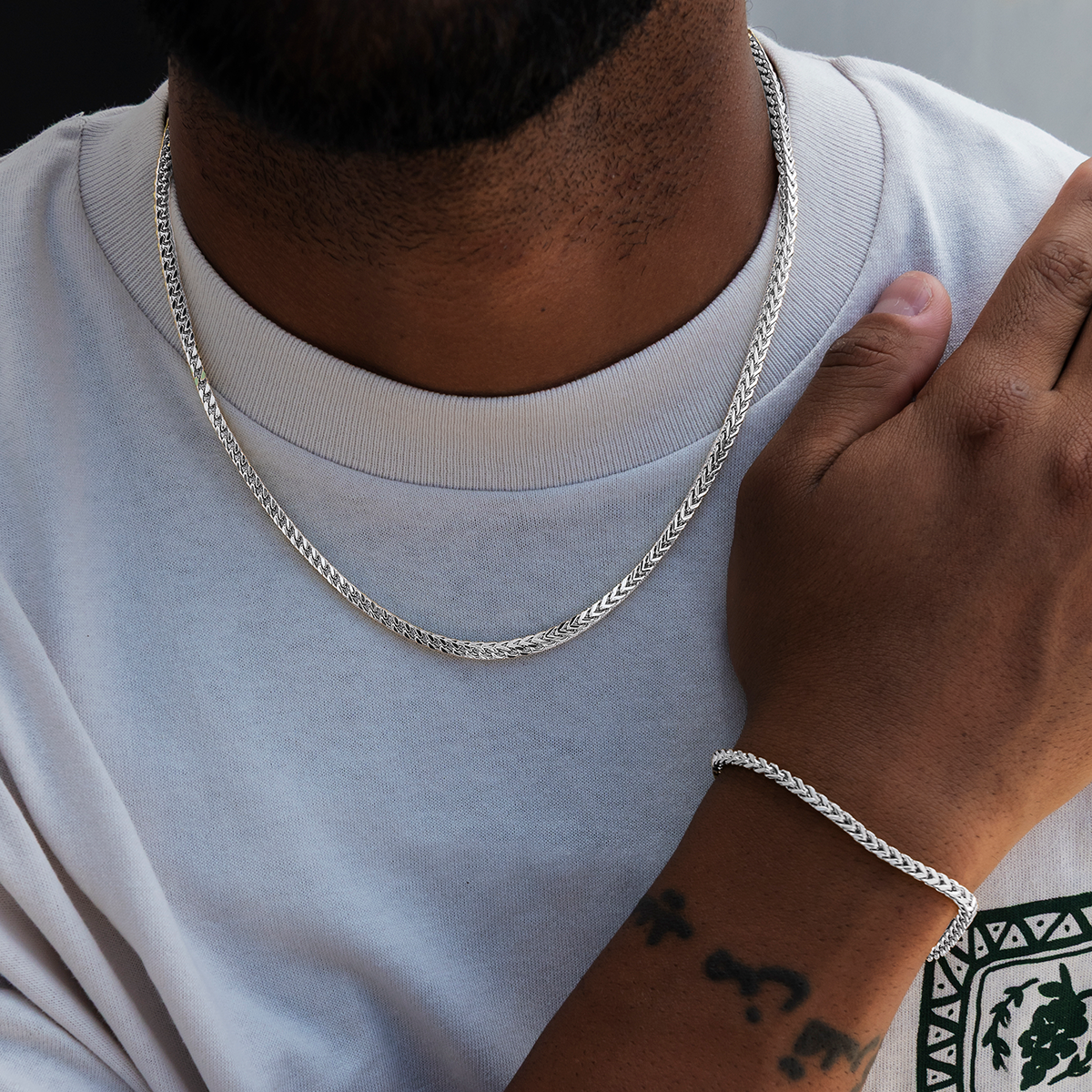 Franco Chain + Bracelet Bundle in White Gold - 3mm