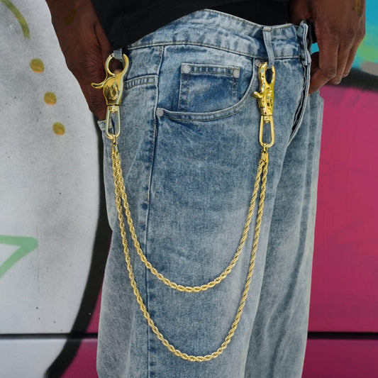 6MM Double Rope Chain w/ 65MM Carabiner Pant Chain in Yellow Gold