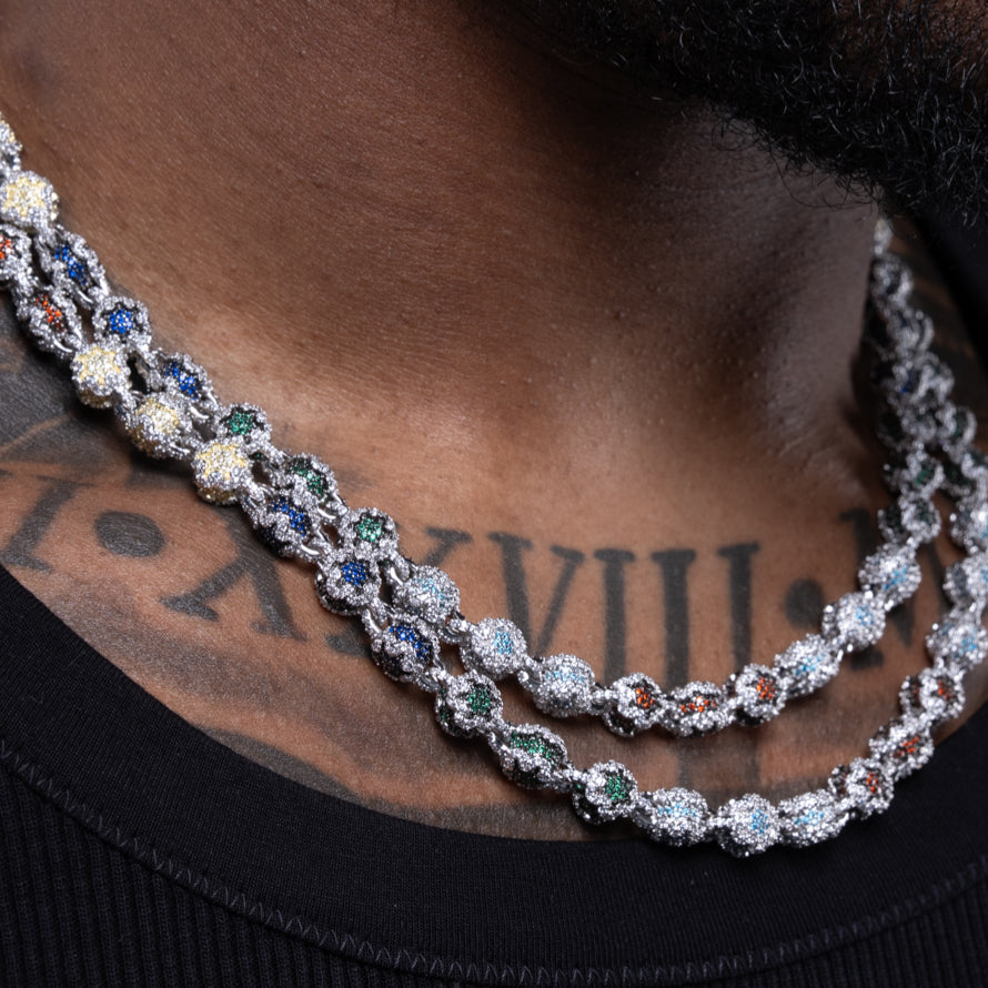GLD X Malik Nabers Iced Multi Color Ball Chain in White Gold - 8MM