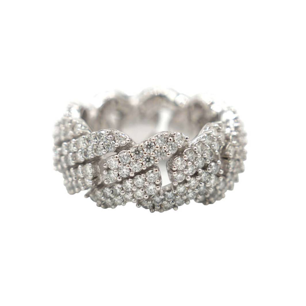Men's Moissanite Diamond Prong Cuban Ring in White Gold Vermeil