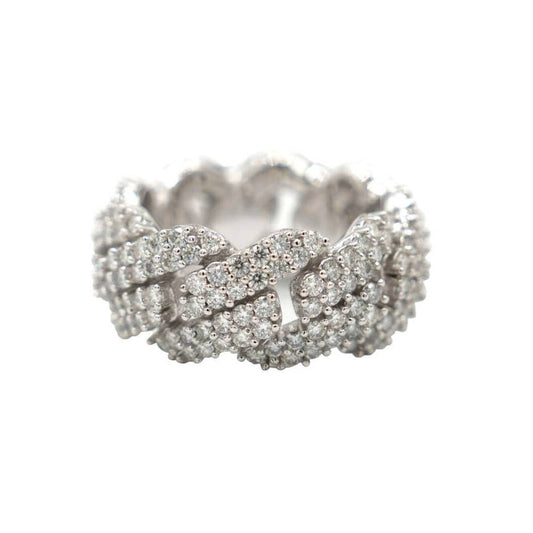 Men's Moissanite Diamond Prong Cuban Ring in White Gold Vermeil