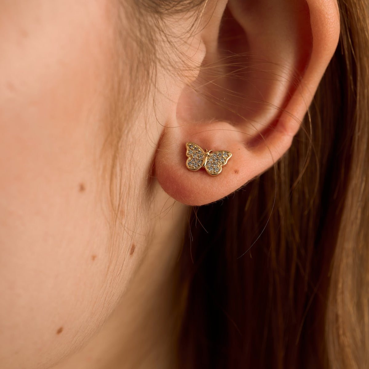 Iced Butterfly Stud Earring in Yellow Gold