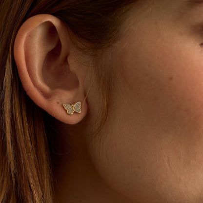 Iced Butterfly Stud Earring in Yellow Gold
