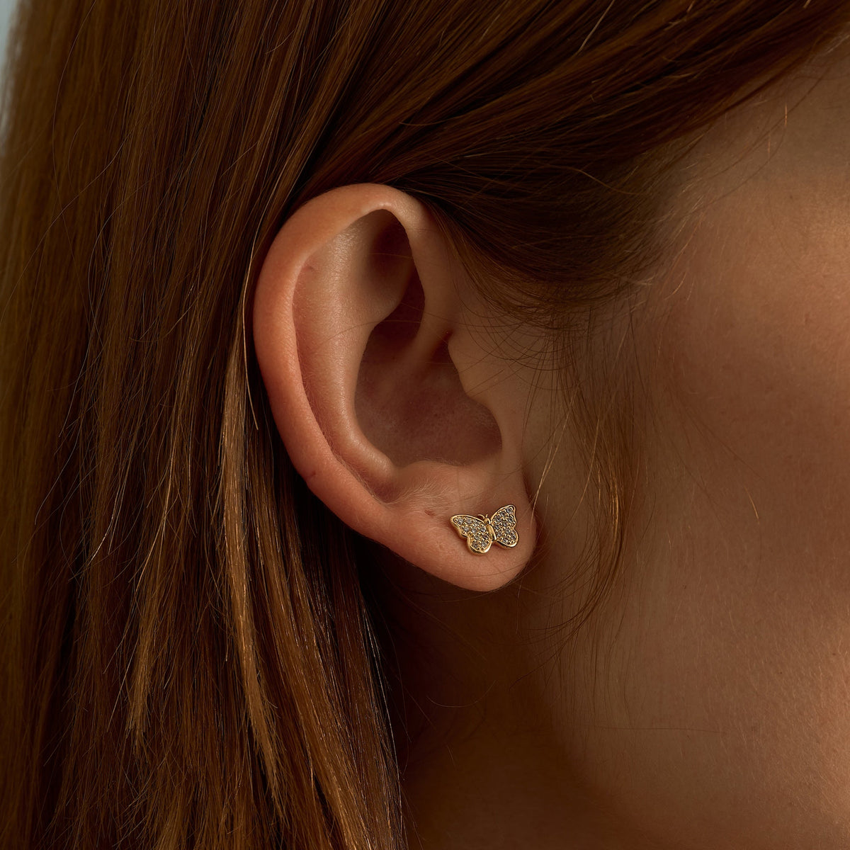 Iced Butterfly Stud Earring in Yellow Gold