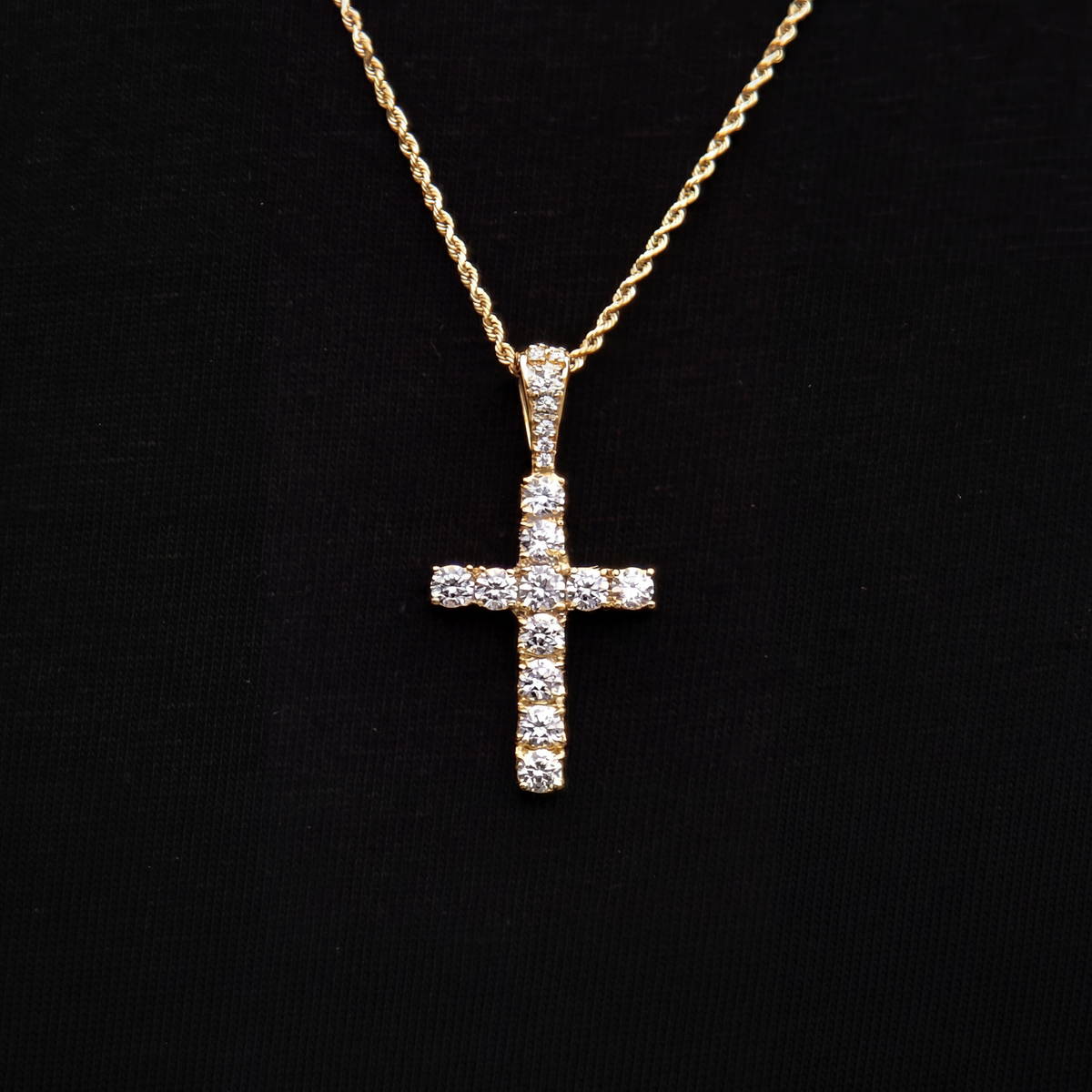 Micro Diamond Cross Pendant + 2MM Rope Chain Bundle in Yellow Gold