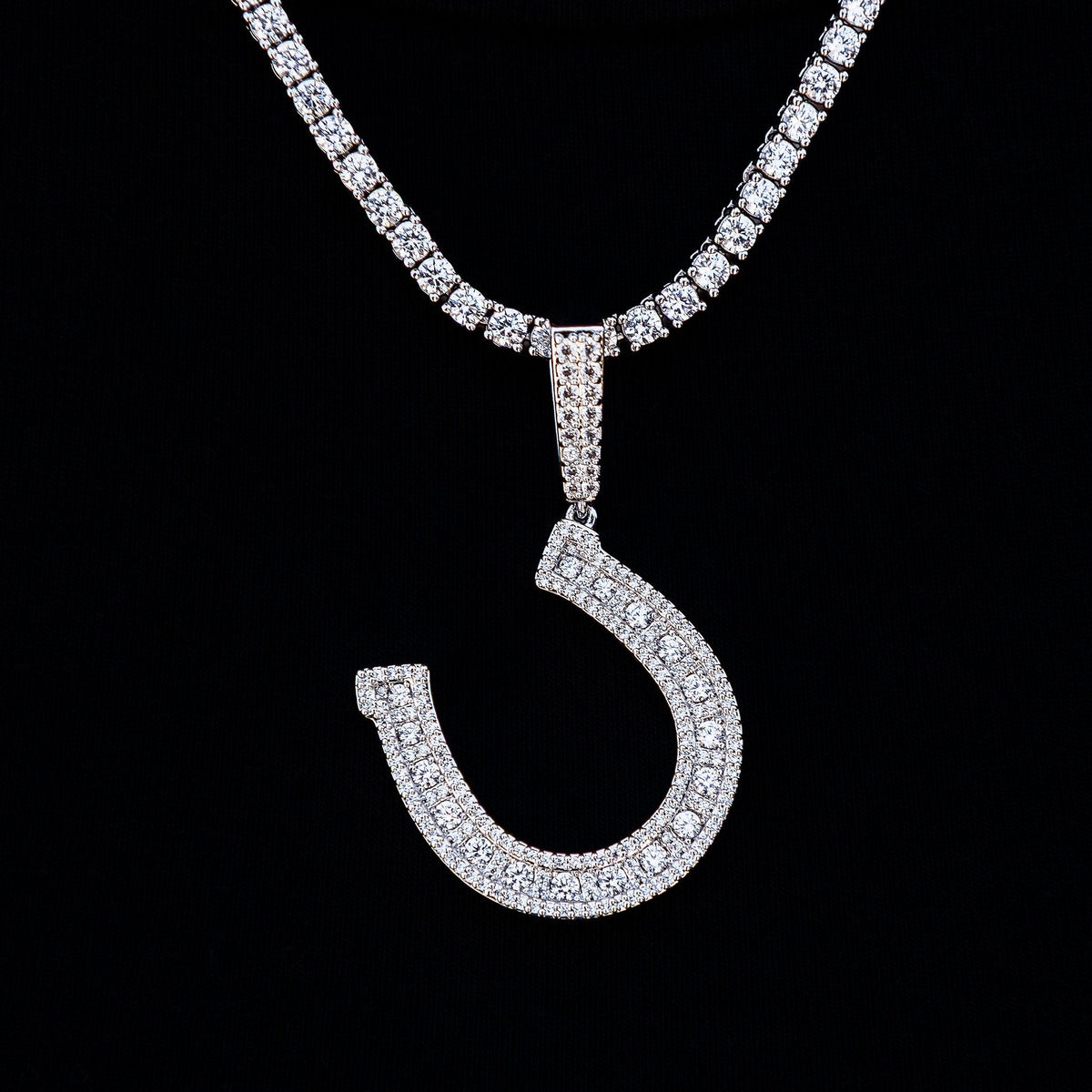 Iced Horseshoe Pendant in White Gold