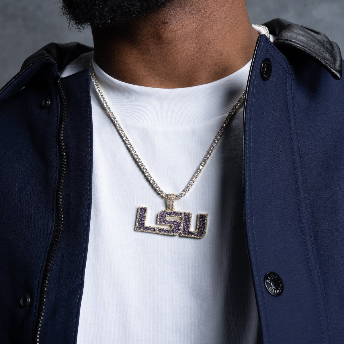 LSU Official NCAA Logo Pendant + 3mm Diamond Tennis Necklace in Yellow Gold Bundle