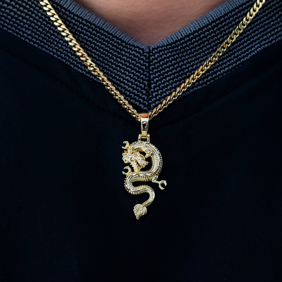 Dragon Pendant + 3mm Micro Cuban Chain Set in Yellow Gold