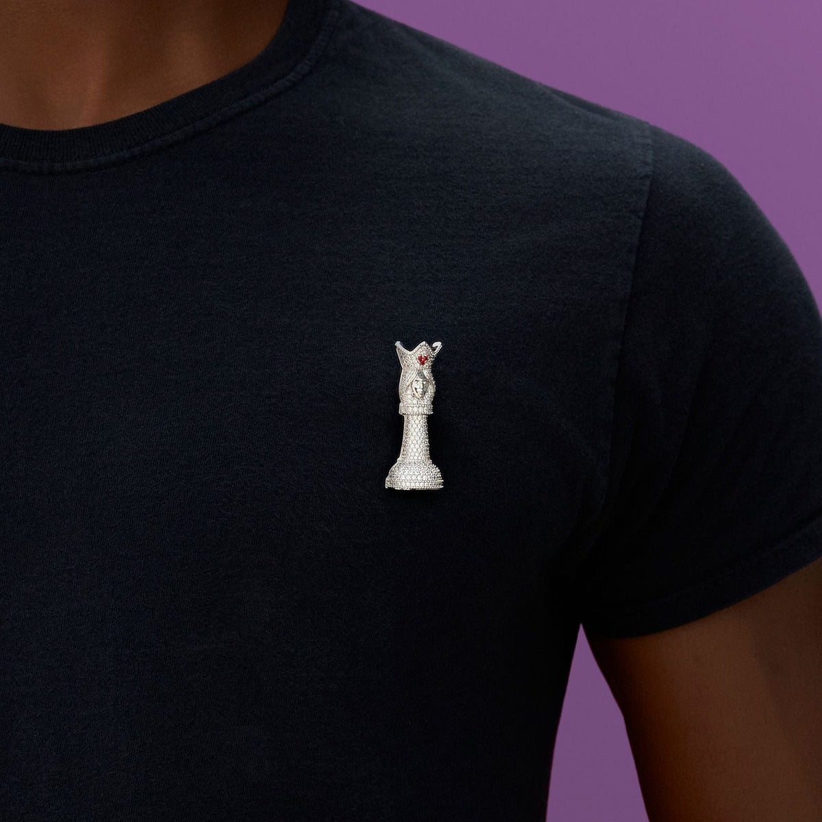 Iced Chess Queen Brooch in White Gold