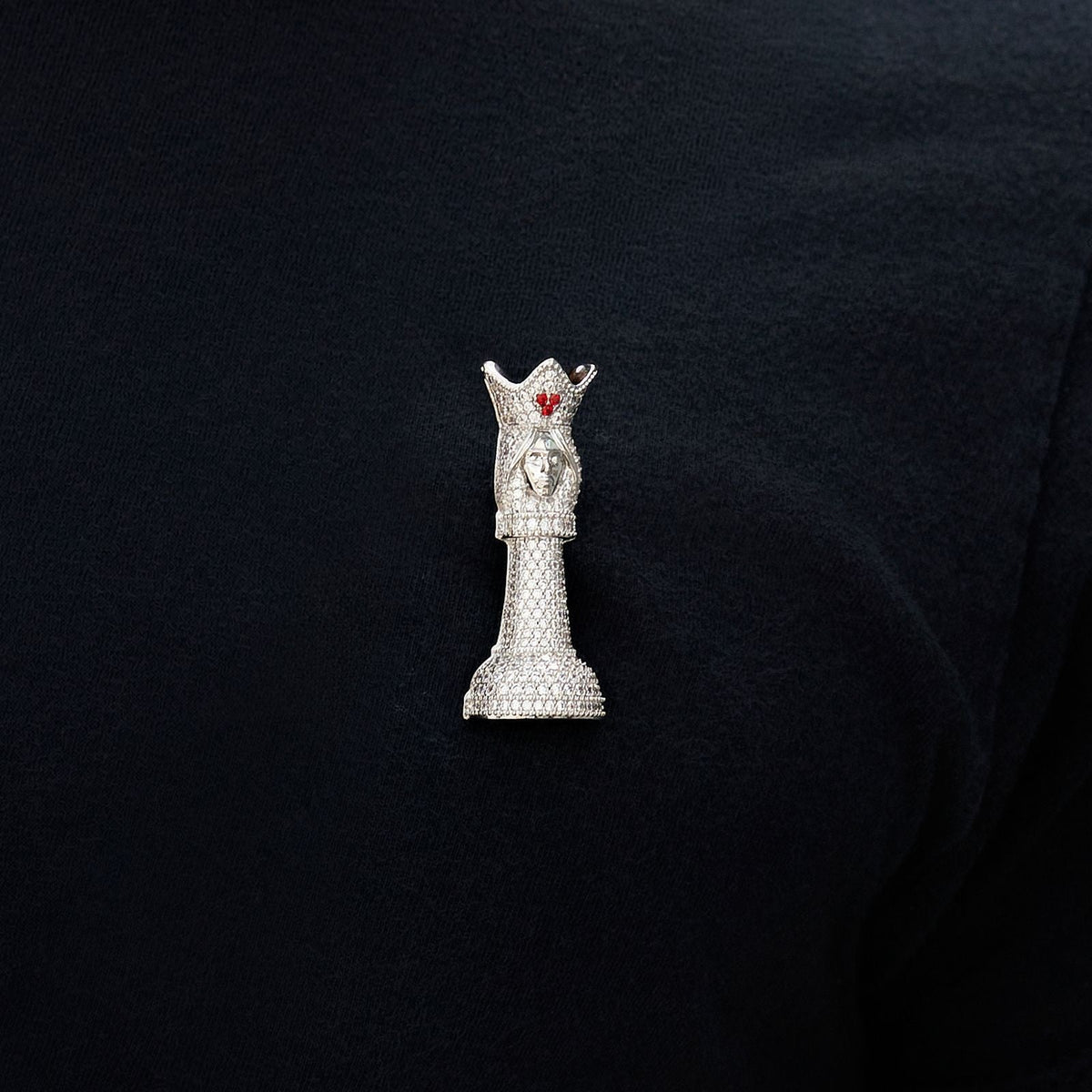 Iced Chess Queen Brooch in White Gold