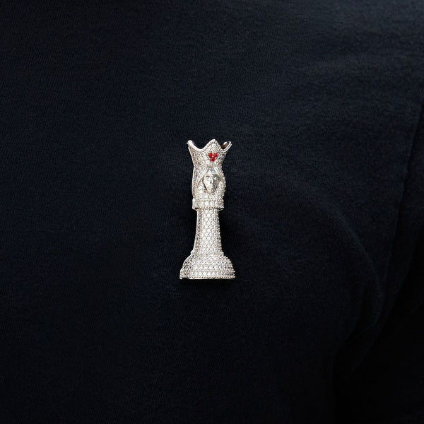 Iced Chess Queen Brooch in White Gold