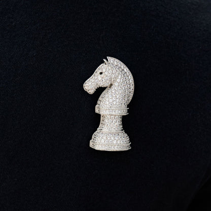Iced Chess Knight Brooch in White Gold