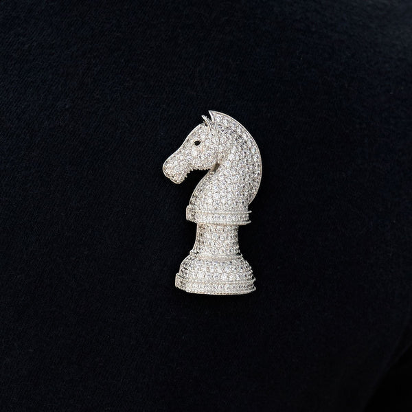 Iced Chess Knight Brooch in White Gold