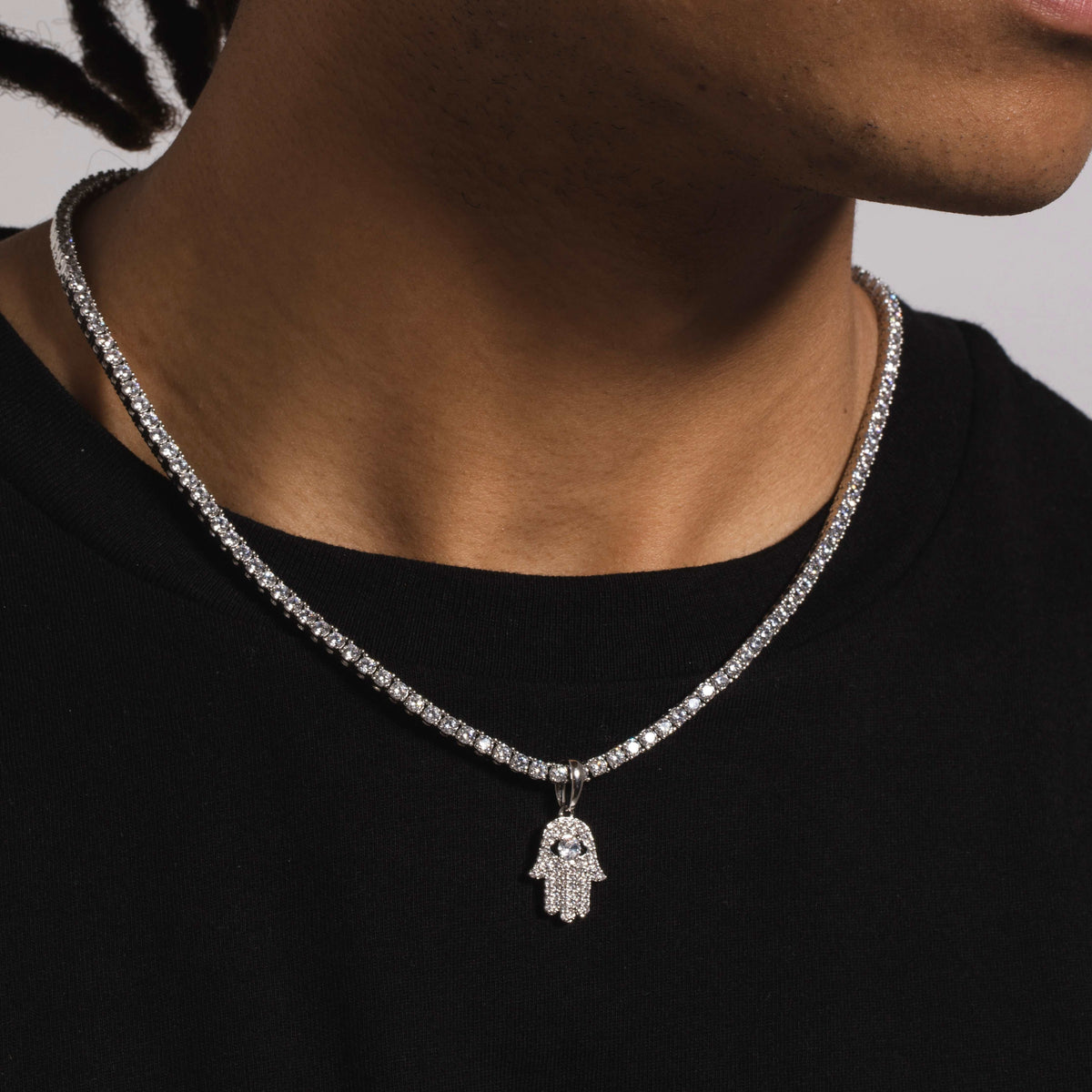 Micro Iced Hamsa Pendant in White Gold