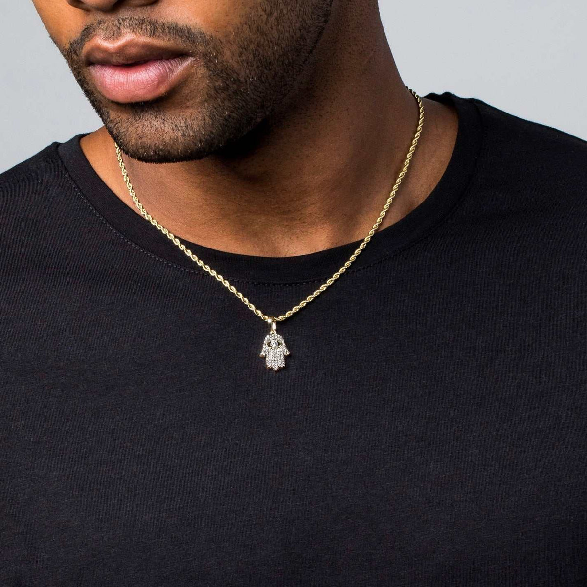 Micro Iced Hamsa Pendant in Yellow Gold
