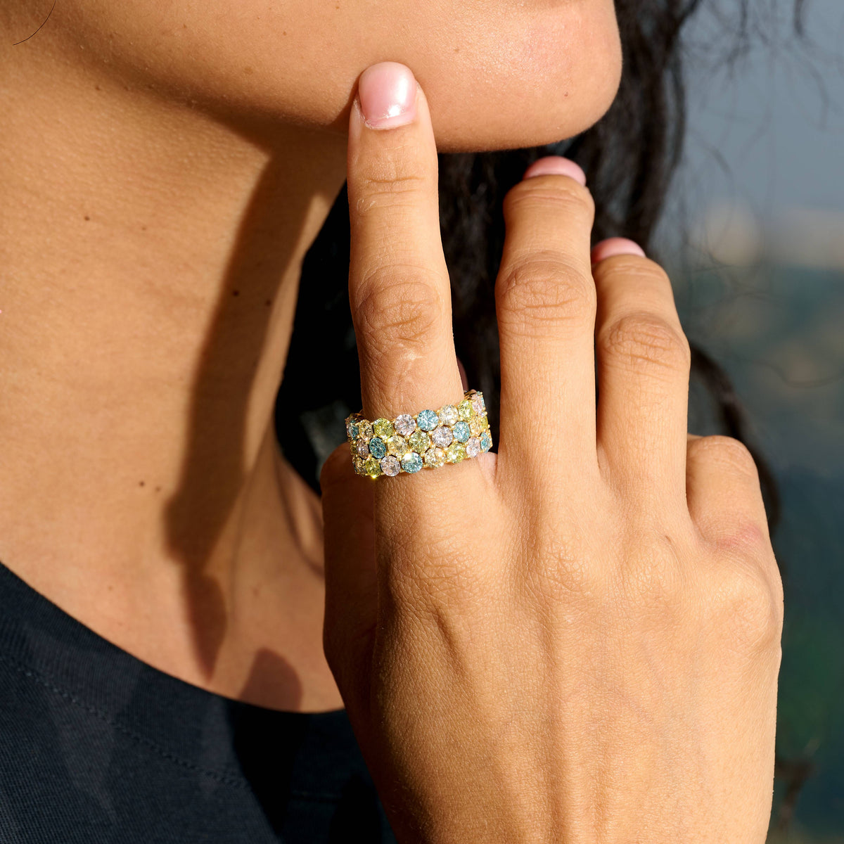 Multicolor Stacked Eternity Ring in Yellow Gold Vermeil