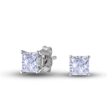 Square Cut Lab Grown Diamond Stud Earrings in Solid White Gold