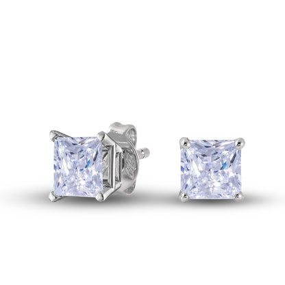 Square Cut Lab Grown Diamond Stud Earrings in Solid White Gold