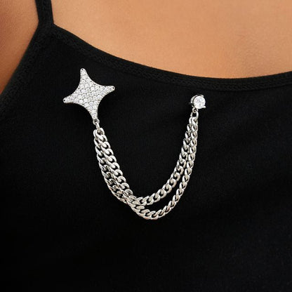 GLD Star Dangle Chain Brooch in White Gold